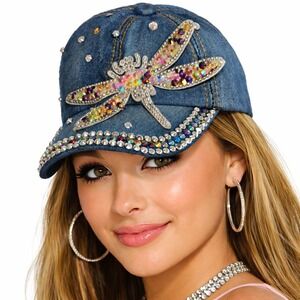 Blue Denim Dragonfly Rhinestone Baseball Cap Adjustable Crystal Studded Hat OSFM
